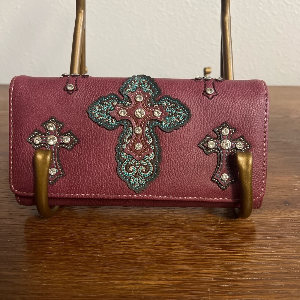 Montana West Burgundy Cross Wallet – Rhinestone Studded Western Style NWT - Picture 1 of 4